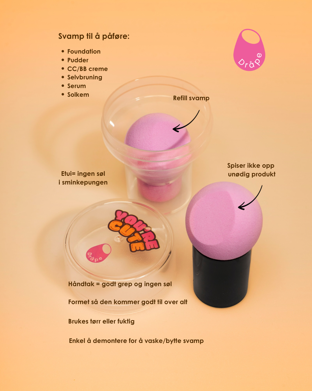 BeeBee blender, en sminkesvamp beauty blender med håndtak og etui.